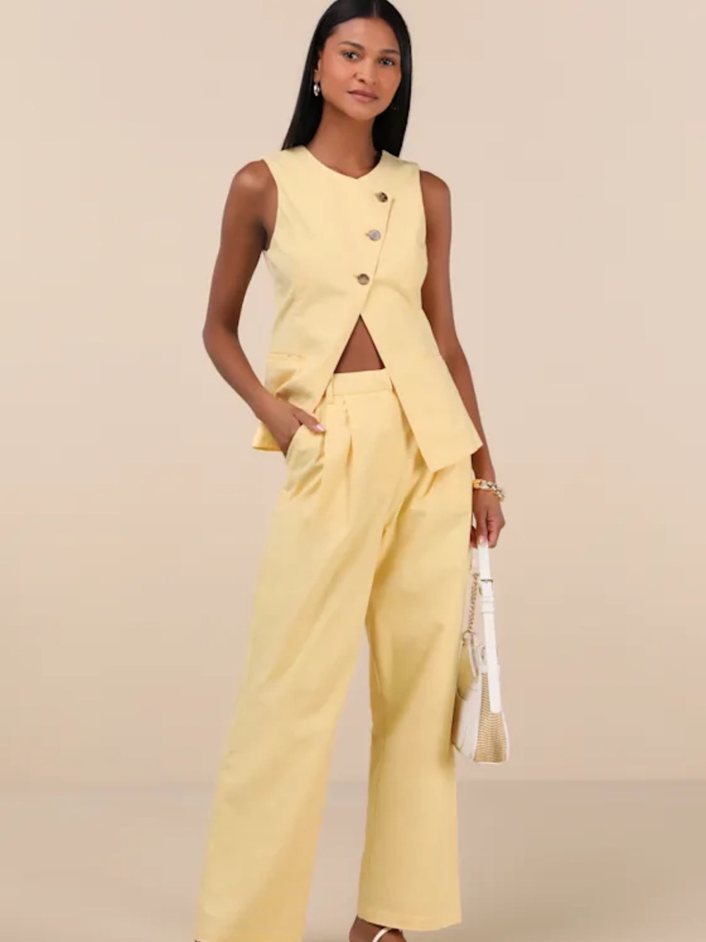 Lulu's Pale Yellow Sleeveless Wide-Leg Trouser Set
